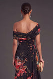 Floral Black One Shoulder Ruched A-Line Long Formal Dress with Cape