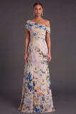 Floral Black One Shoulder Ruched A-Line Long Formal Dress with Cape