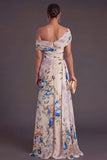 Floral Black One Shoulder Ruched A-Line Long Formal Dress with Cape
