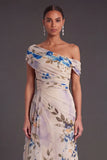 Floral Black One Shoulder Ruched A-Line Long Formal Dress with Cape