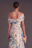 Floral Black One Shoulder Ruched A-Line Long Formal Dress with Cape