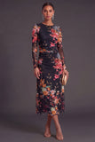 Black Floral Round Neck A-Line Midi Formal Dress with Sleeves