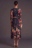 Black Floral Round Neck A-Line Midi Formal Dress with Sleeves