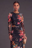 Black Floral Round Neck A-Line Midi Formal Dress with Sleeves