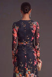 Black Floral Round Neck A-Line Midi Formal Dress with Sleeves