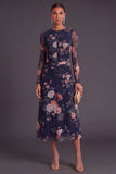 Black Floral Round Neck A-Line Midi Formal Dress with Sleeves