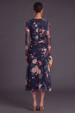 Black Floral Round Neck A-Line Midi Formal Dress with Sleeves