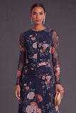 Black Floral Round Neck A-Line Midi Formal Dress with Sleeves