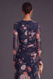Black Floral Round Neck A-Line Midi Formal Dress with Sleeves