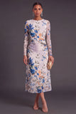 Black Floral Round Neck A-Line Midi Formal Dress with Sleeves