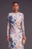 Black Floral Round Neck A-Line Midi Formal Dress with Sleeves