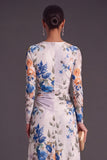 Black Floral Round Neck A-Line Midi Formal Dress with Sleeves