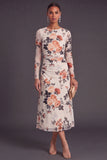 Black Floral Round Neck A-Line Midi Formal Dress with Sleeves