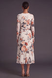 Black Floral Round Neck A-Line Midi Formal Dress with Sleeves