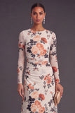 Black Floral Round Neck A-Line Midi Formal Dress with Sleeves