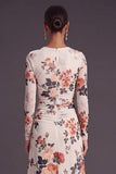 Black Floral Round Neck A-Line Midi Formal Dress with Sleeves