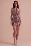 Sparkly Sequins Khaki Cheetah Print Bodycon Halter Lace Up Short Cocktail Dress