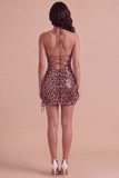 Sparkly Sequins Khaki Cheetah Print Bodycon Halter Lace Up Short Cocktail Dress