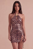 Sparkly Sequins Khaki Cheetah Print Bodycon Halter Lace Up Short Cocktail Dress