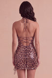 Sparkly Sequins Khaki Cheetah Print Bodycon Halter Lace Up Short Cocktail Dress