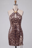 Sparkly Sequins Khaki Cheetah Print Bodycon Halter Lace Up Short Cocktail Dress