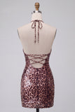 Sparkly Sequins Khaki Cheetah Print Bodycon Halter Lace Up Short Cocktail Dress