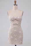 Sparkly Ivory Keyhole Strapless Bodycon Sequins Short Cocktail Dress