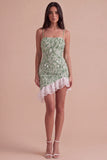 Sparkly Sequins Green Bodycon Spaghetti Straps Ruffled Asymmetrical Cocktail Dress with Feather