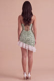 Sparkly Sequins Green Bodycon Spaghetti Straps Ruffled Asymmetrical Cocktail Dress with Feather