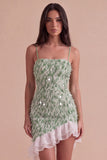 Sparkly Sequins Green Bodycon Spaghetti Straps Ruffled Asymmetrical Cocktail Dress with Feather