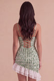 Sparkly Sequins Green Bodycon Spaghetti Straps Ruffled Asymmetrical Cocktail Dress with Feather