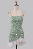 Sparkly Sequins Green Bodycon Spaghetti Straps Ruffled Asymmetrical Cocktail Dress with Feather