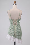 Sparkly Sequins Green Bodycon Spaghetti Straps Ruffled Asymmetrical Cocktail Dress with Feather