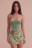 Corset Dusty Sage Floral Velvet Strapless Short Cocktail Dress