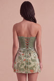 Corset Dusty Sage Floral Velvet Strapless Short Cocktail Dress