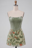 Corset Dusty Sage Floral Velvet Strapless Short Cocktail Dress