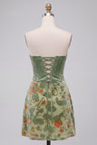 Corset Dusty Sage Floral Velvet Strapless Short Cocktail Dress