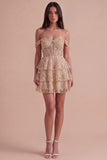 Sparkly Ruffled Sequins Champagne Corset Off the Shoulder Tiered Short Cocktail Dress