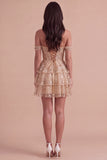 Sparkly Ruffled Sequins Champagne Corset Off the Shoulder Tiered Short Cocktail Dress