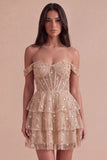 Sparkly Ruffled Sequins Champagne Corset Off the Shoulder Tiered Short Cocktail Dress