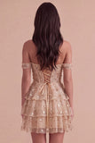 Sparkly Ruffled Sequins Champagne Corset Off the Shoulder Tiered Short Cocktail Dress