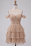 Sparkly Ruffled Sequins Champagne Corset Off the Shoulder Tiered Short Cocktail Dress