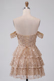 Sparkly Ruffled Sequins Champagne Corset Off the Shoulder Tiered Short Cocktail Dress