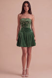 Floral Corset Dark Green Strapless Velvet Pleated Short Cocktail Dress