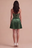 Floral Corset Dark Green Strapless Velvet Pleated Short Cocktail Dress