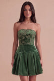 Floral Corset Dark Green Strapless Velvet Pleated Short Cocktail Dress