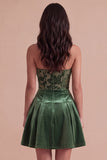 Floral Corset Dark Green Strapless Velvet Pleated Short Cocktail Dress