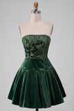 Floral Corset Dark Green Strapless Velvet Pleated Short Cocktail Dress