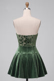 Floral Corset Dark Green Strapless Velvet Pleated Short Cocktail Dress