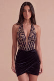 Corset Black Floral Halter Ruched Short Cocktail Dress
